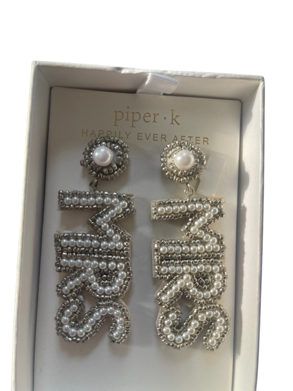piper•k Silver Pearl 'Mrs' Hand-Beaded Drop Earrings - Picture 4 of 6